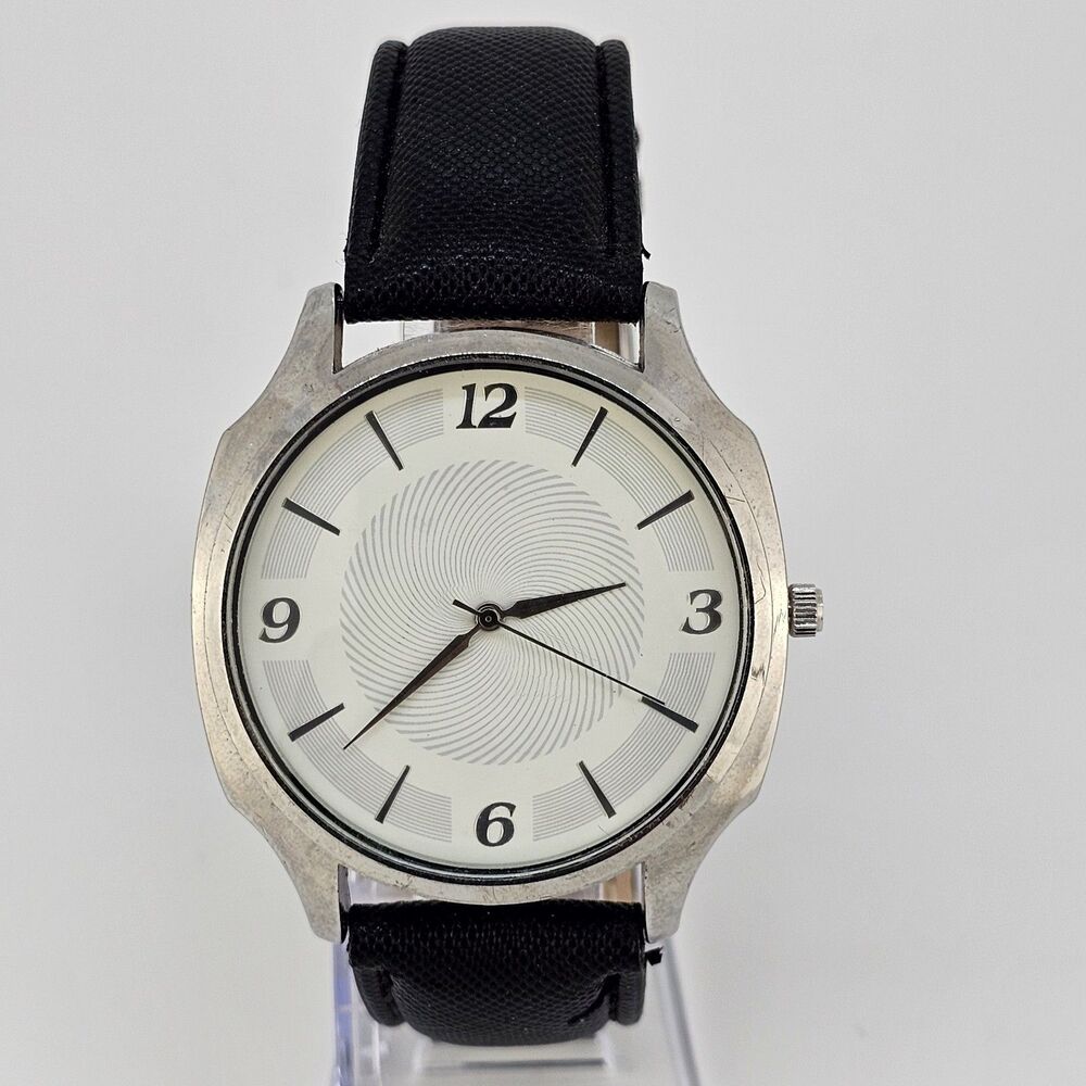 44MM Men's Watch White Dial‎ Black Faux Leather Bands New Battery